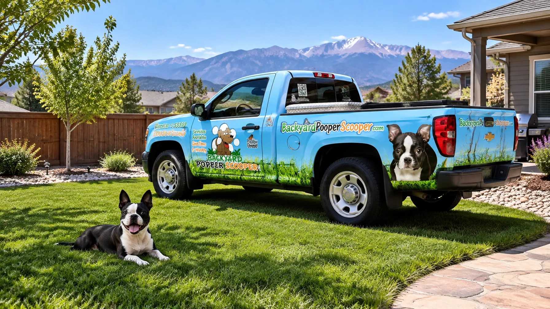 Backyard Pooper Scooper second real fleet truck beside a clean backyard with a happy dog