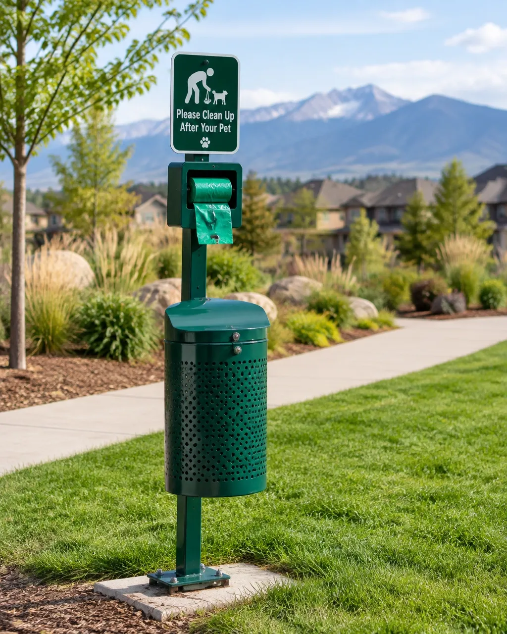 Installed pet waste station with bag dispenser in a community green space